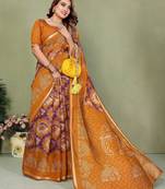 Mustard printed mal cotton saree with blouse