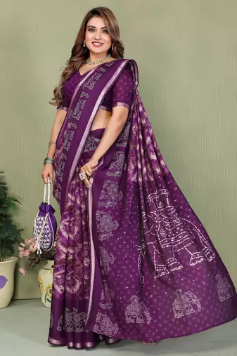 Purple printed mal cotton saree with blouse