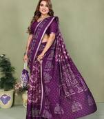 Purple printed mal cotton saree with blouse