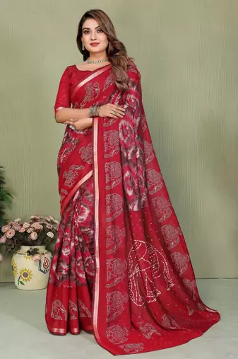 Red printed mal cotton saree with blouse