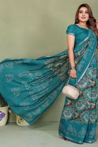Blue printed mal cotton saree with blouse