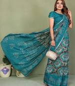 Blue printed mal cotton saree with blouse