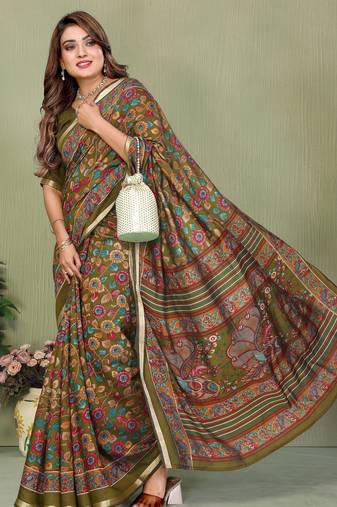 Green printed mal cotton saree with blouse