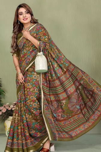 Green printed mal cotton saree with blouse