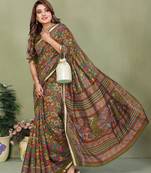 Green printed mal cotton saree with blouse