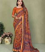 Mustard printed mal cotton saree with blouse