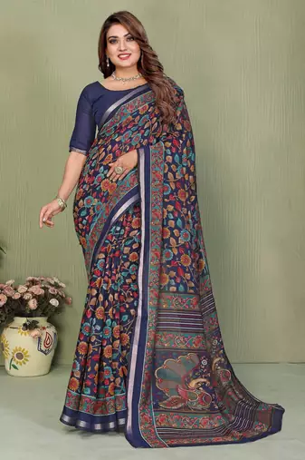 Navy blue printed mal cotton saree with blouse