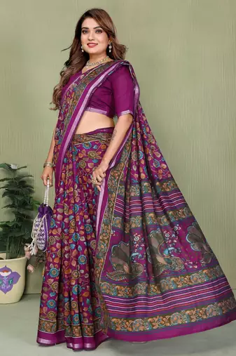 Purple printed mal cotton saree with blouse