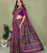 Purple printed mal cotton saree with blouse