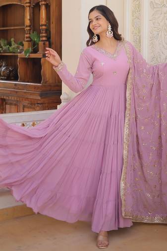 Faux Georgette Sequins Embroidered Stitched Gown with Dupatta     Lavender | 56" Length