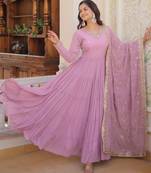Faux Georgette Sequins Embroidered Stitched Gown with Dupatta     Lavender | 56" Length