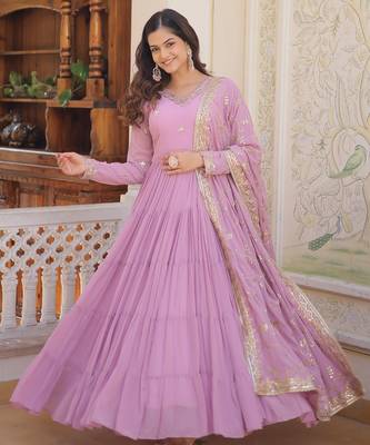Faux Georgette Sequins Embroidered Stitched Gown with Dupatta     Lavender | 56" Length 2