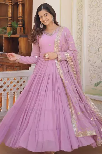 Faux Georgette Sequins Embroidered Stitched Gown with Dupatta     Lavender | 56" Length