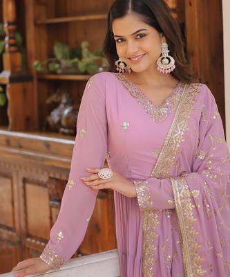 Faux Georgette Sequins Embroidered Stitched Gown with Dupatta     Lavender | 56" Length 3
