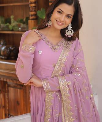 Faux Georgette Sequins Embroidered Stitched Gown with Dupatta     Lavender | 56" Length 4