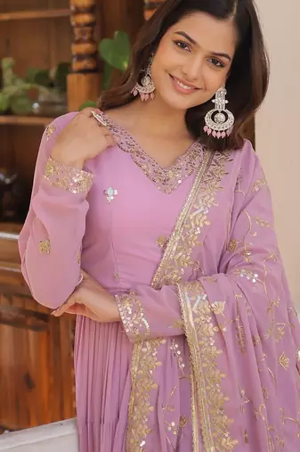 Faux Georgette Sequins Embroidered Stitched Gown with Dupatta     Lavender | 56" Length