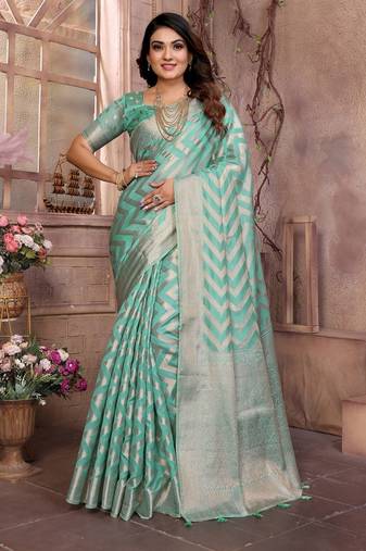 Sea green weaving soft organza saree with blouse