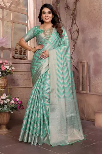 Sea green weaving soft organza saree with blouse
