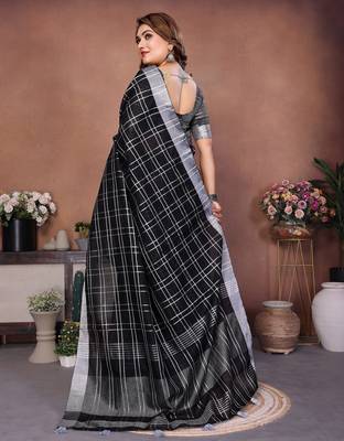 Black weaving linen cotton saree with blouse 2