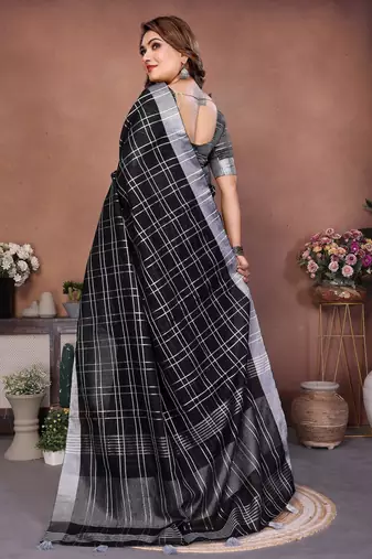Black weaving linen cotton saree with blouse