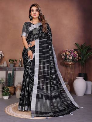 Black weaving linen cotton saree with blouse 3