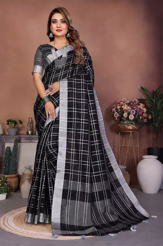 Black weaving linen cotton saree with blouse