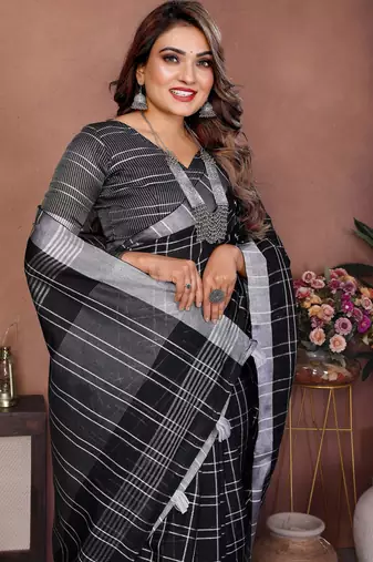 Black weaving linen cotton saree with blouse