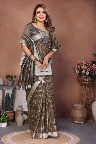 Brown weaving linen cotton saree with blouse