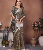 Brown weaving linen cotton saree with blouse