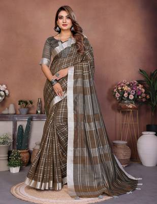 Brown weaving linen cotton saree with blouse 2