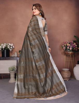 Brown weaving linen cotton saree with blouse 3