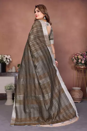 Brown weaving linen cotton saree with blouse
