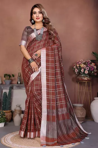 Chocolate weaving linen cotton saree with blouse