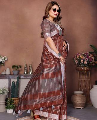 Chocolate weaving linen cotton saree with blouse 2