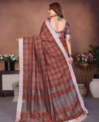 Chocolate weaving linen cotton saree with blouse 3