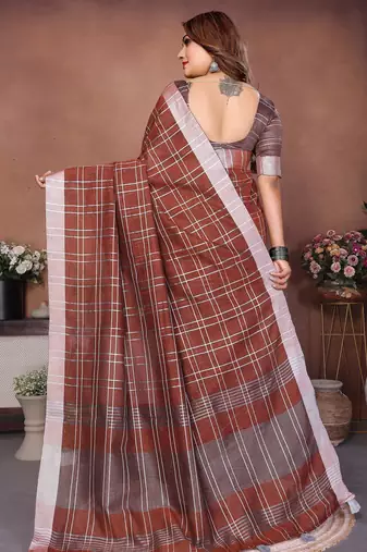 Chocolate weaving linen cotton saree with blouse