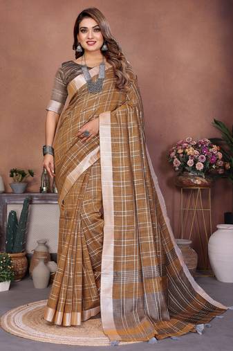 Coffee weaving linen cotton saree with blouse