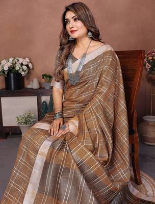Coffee weaving linen cotton saree with blouse 4