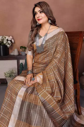 Coffee weaving linen cotton saree with blouse