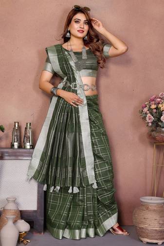 Green weaving linen cotton saree with blouse