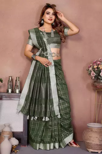 Green weaving linen cotton saree with blouse