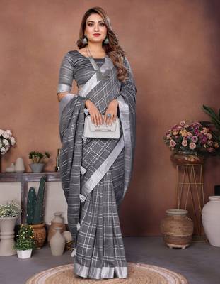 Grey weaving linen cotton saree with blouse 1