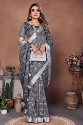 Grey weaving linen cotton saree with blouse