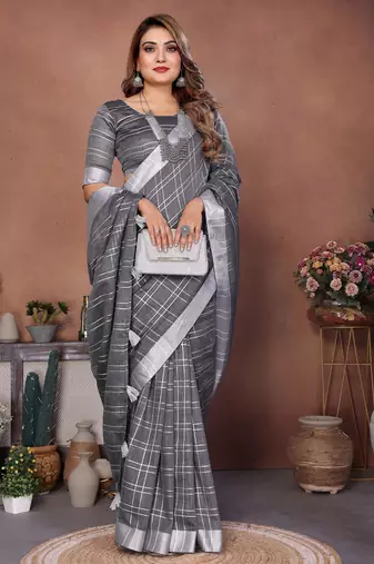 Grey weaving linen cotton saree with blouse
