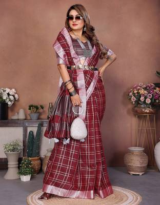 Maroon weaving linen cotton saree with blouse 1