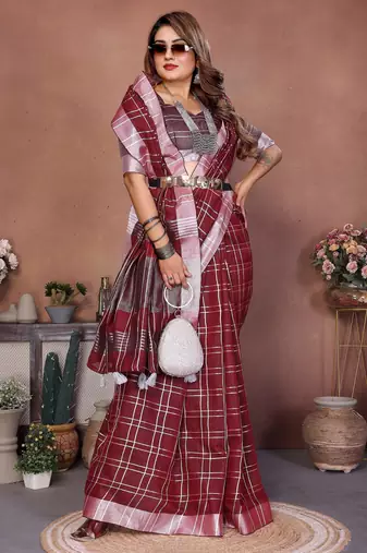 Maroon weaving linen cotton saree with blouse