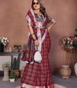 Maroon weaving linen cotton saree with blouse