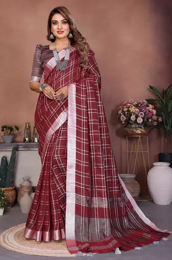 Maroon weaving linen cotton saree with blouse