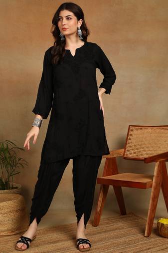 Vahson women's hand embroidered black authentic chikankari ethnic motif modal kurta with dhoti pants