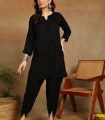 Vahson women's hand embroidered black authentic chikankari ethnic motif modal kurta with dhoti pants